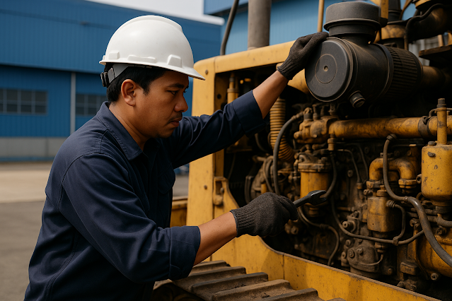 Teknisi sedang melakukan preventive maintenance pada mesin alat berat di kawasan industri Batang, dengan latar belakang bangunan pabrik.