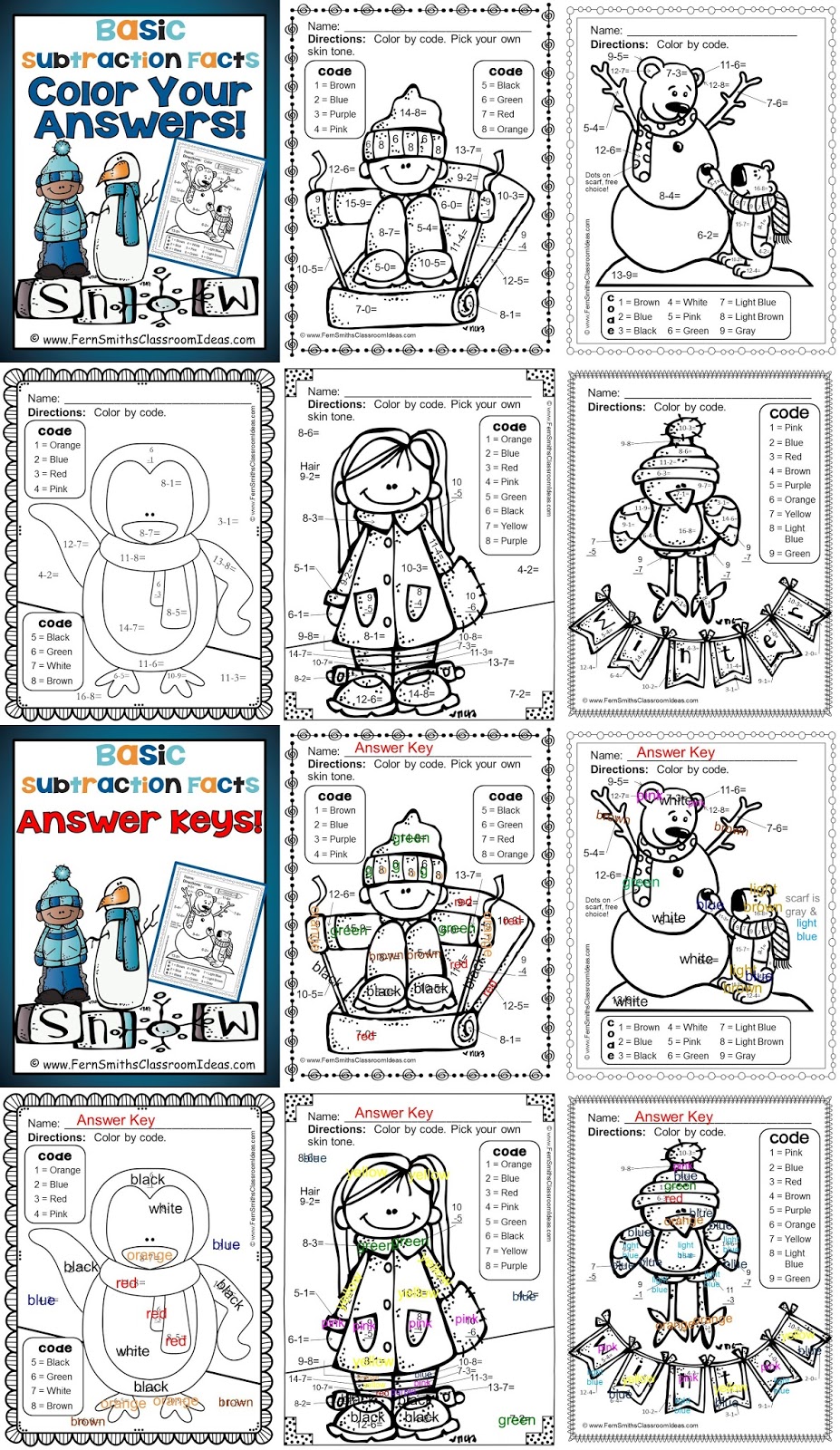 Winter Fun! Basic Subtraction Facts - Color Your Answers Printables