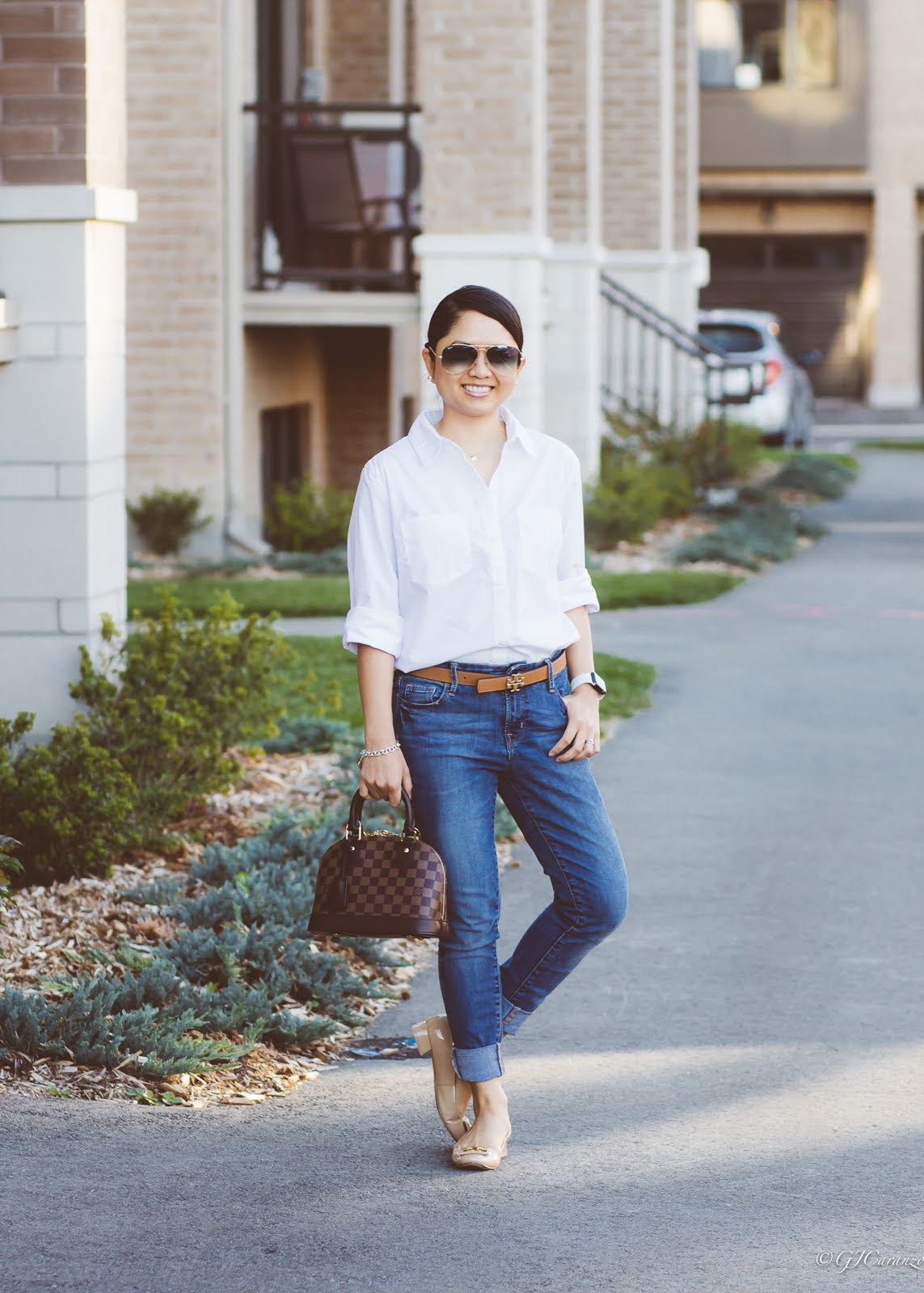 Levi Strauss White Shirt | Old Navy Blue Jeans | Tory Burch Reversible Belt | Ray Ban Aviator Sunglasses | Louis Vuitton Alma BB | Gigi Patent Pumps | Mom Style | Petite Fashion