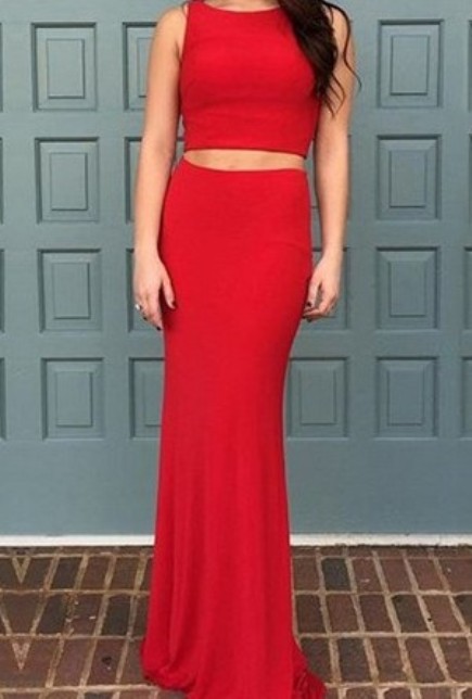 Trumpet/Mermaid Scoop Neck Silk-like Satin Sweep Train Ruffles Red Two Piece Sexy Prom Dresses-Price:USD $109.99