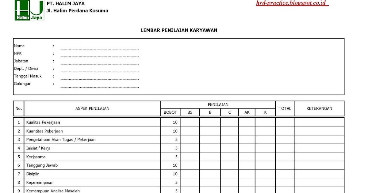 Formulir Penilaian Karyawan - Contoh 1 ~ HRD-PRACTICE