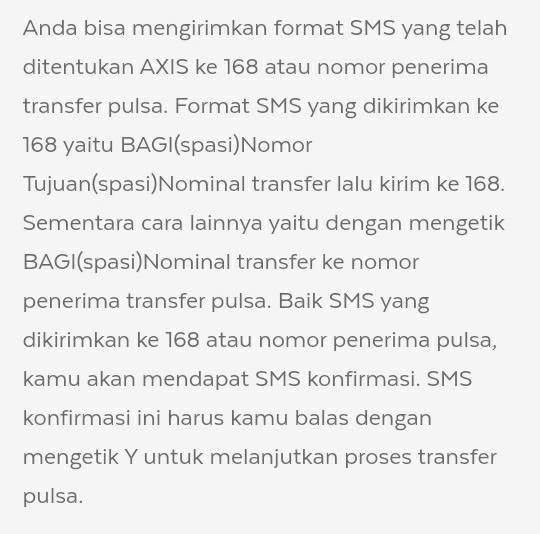 Transfer Pulsa AXIS via SMS ke Nomor Penerima atau 168