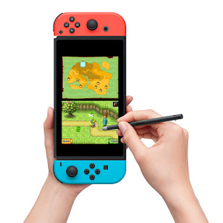 a Nintendo Switch held vertically with Phantom Hourglass on the screen, the player is using a Stylus