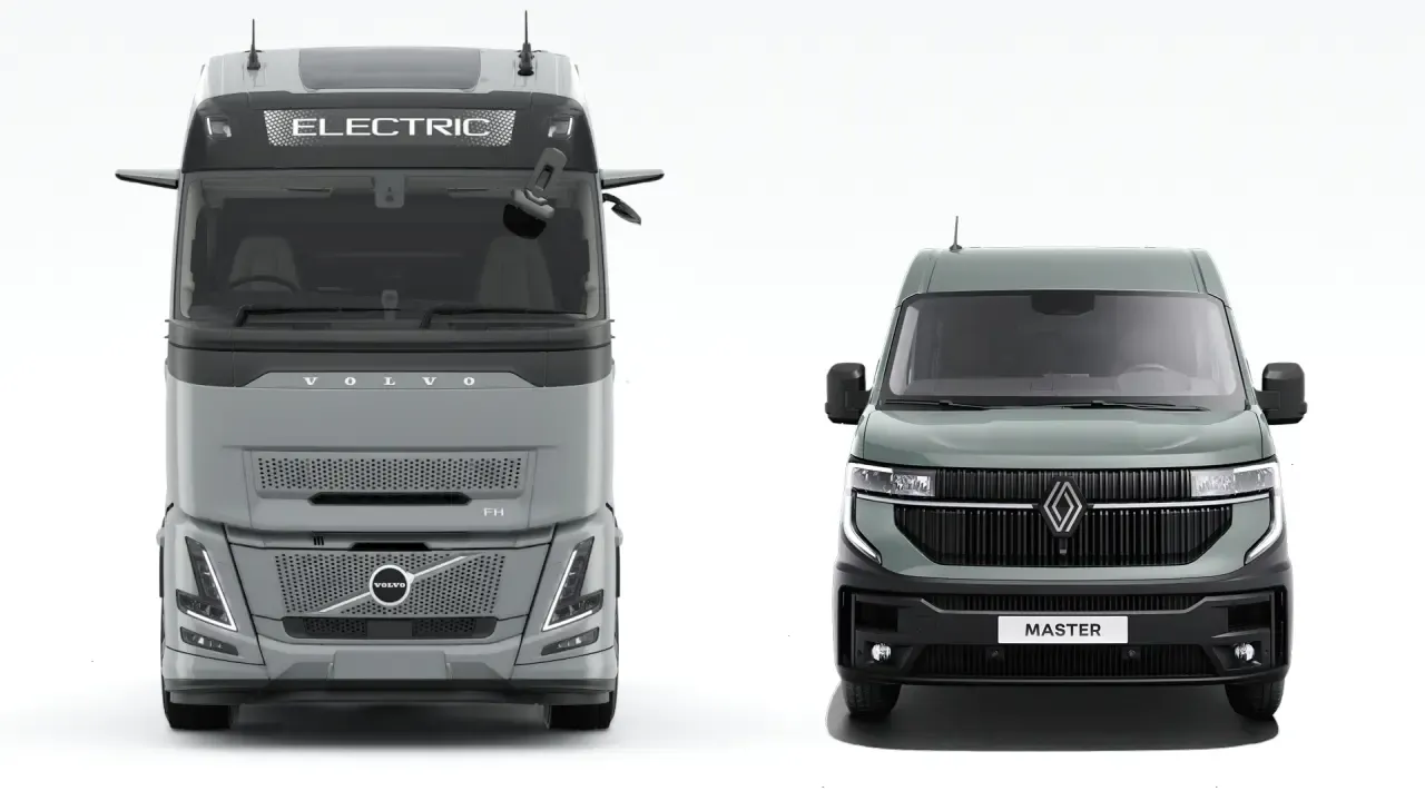 Caminhão eletrico da Volvo e a van da Renault lado a lado em um fundo branco