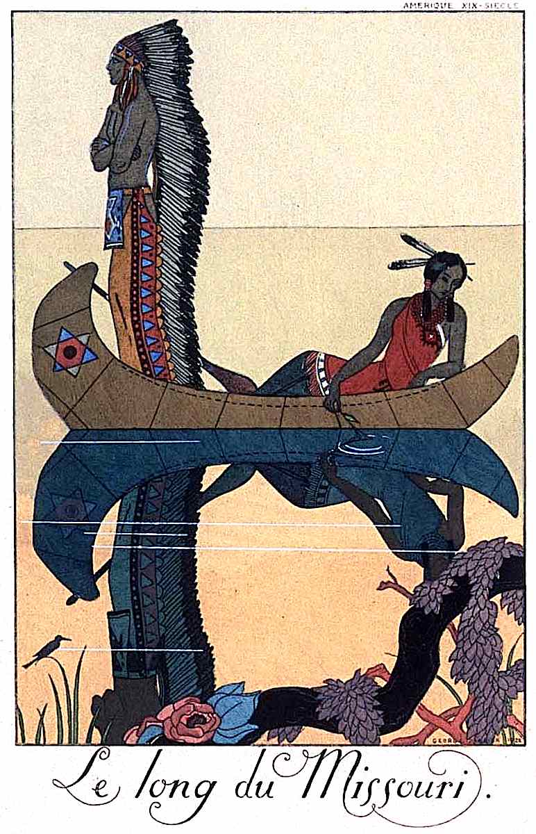 a George Barbier illustration "Le long du Missouri", attractive native couple in a canoe