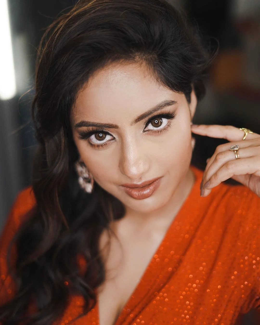 Deepika Singh curvy actress orange high slit dress