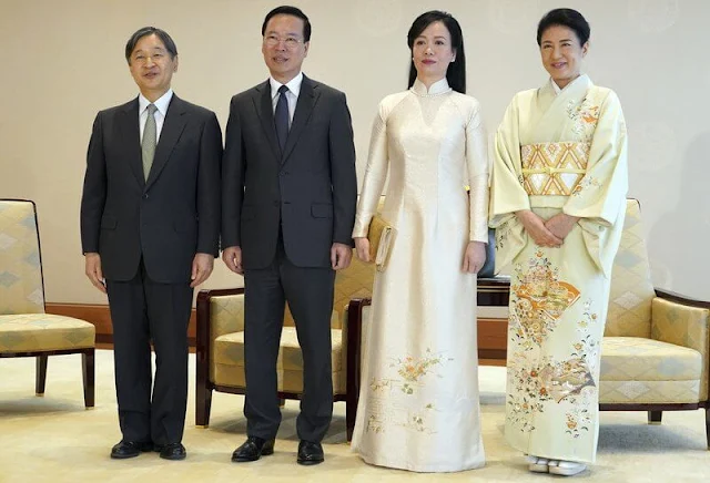 Emperor Naruhito, Empress Masako, Crown Prince Akishino, Crown Princess Kiko, President Vo Van Thuong and Phan Thi Thanh Tam