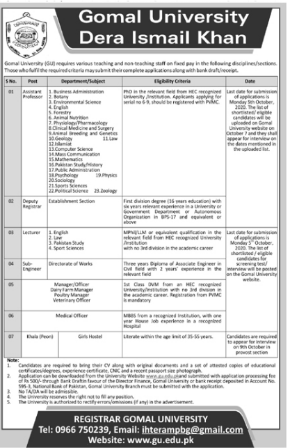 Gomal University Dera Ismail Khan Jobs September 2020