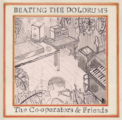 The pencil drawing features a figure hunched over playing a melodica in a recording studio with instruments and gear strewn about, and plants growing everywhere.