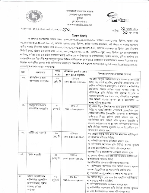 Cumilla DC Office Job Circular 2021 || জেলা প্রশাসকের কার্যালয়, কুমিল্লা নিয়োগ বিজ্ঞপ্তি ২০২১