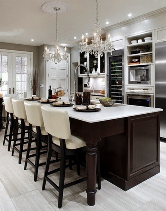 Dark Cabinets Light Granite with a Rustic  Glam  Dining 