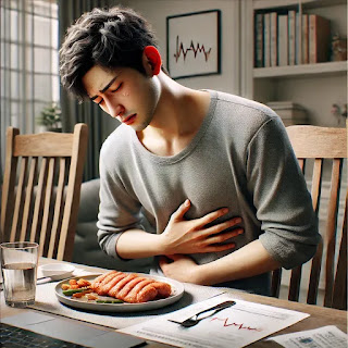 식탁에 앉아 복부를 감싸며 피곤하고 긴장된 표정을 짓는 젊은 한국 남성, 스트레스성 위염의 증상과 자가 체크를 나타내는 장면