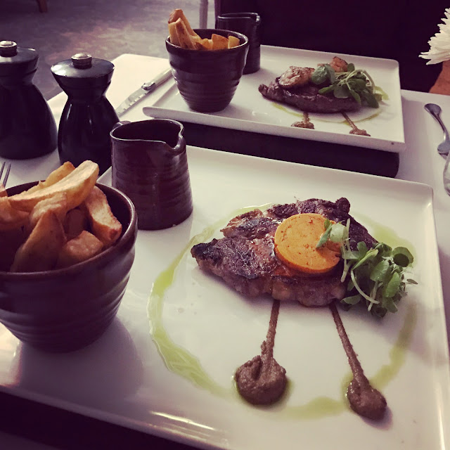 Rib eye steak, Cafe de Paris butter, Triple cooked chips at The Blue Grill, Thoresby Hall