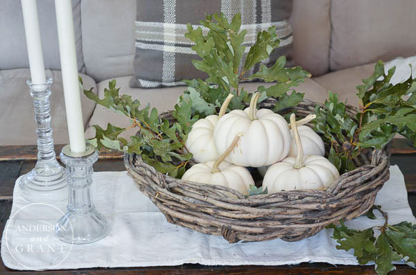 Simple coffee table arrangement of pumpkins