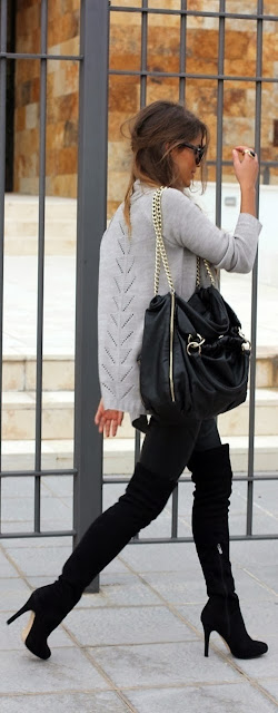 Light Grey Long Sleeve Sweater With Black Leather Bag And Over Knee Boot