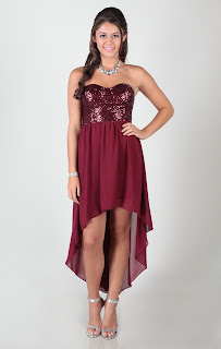 strapless dress with sequined corset bodice and high low skirt