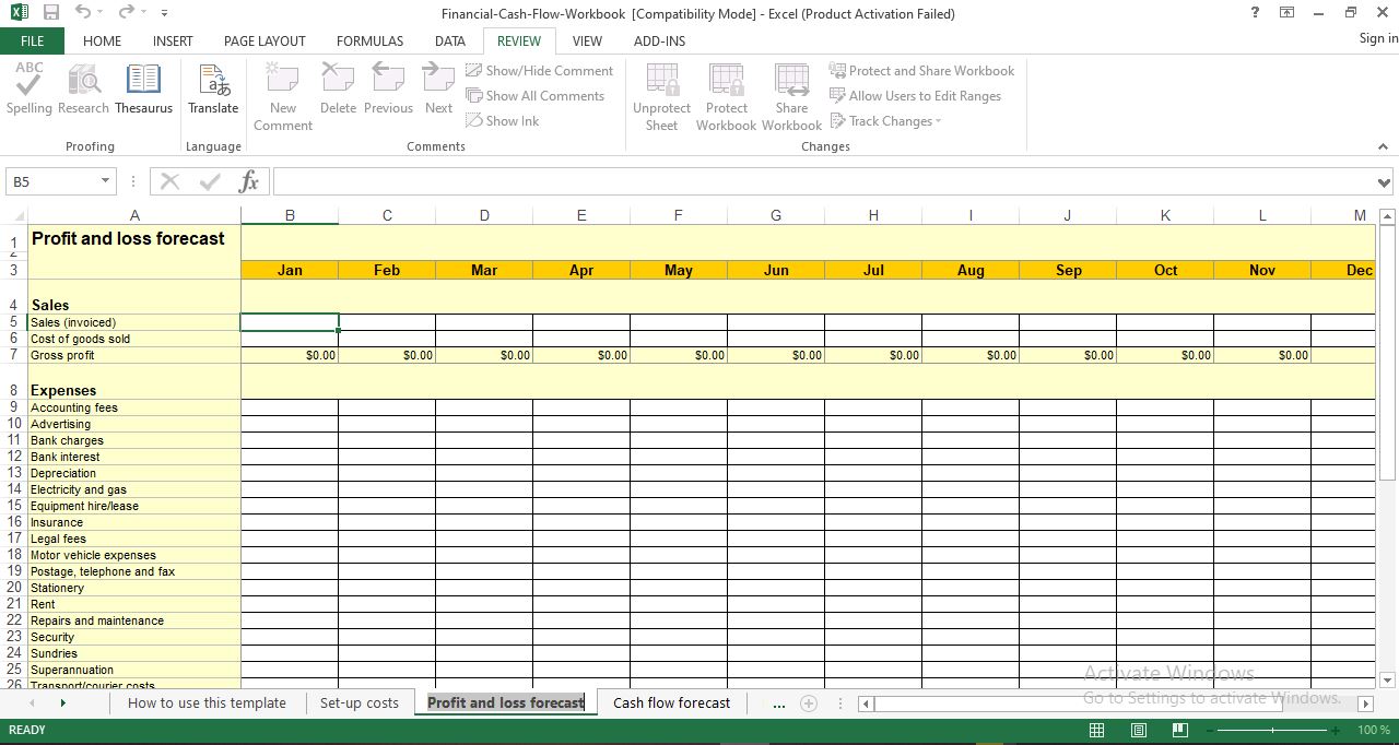 Profit and loss forecast excel template