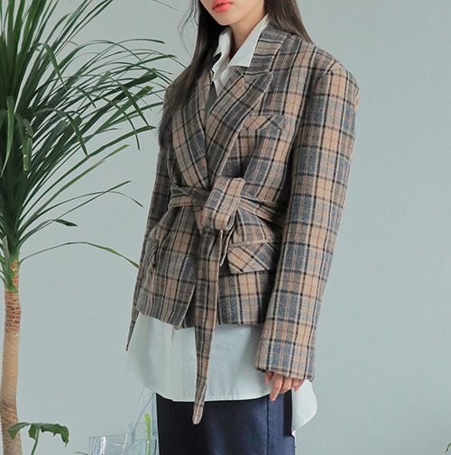 Belted Check Pattern Jacket