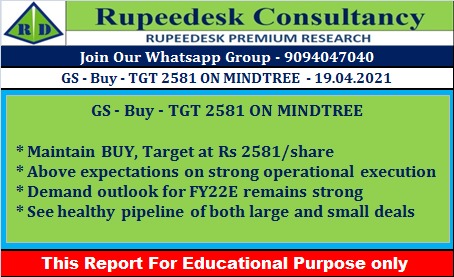 GS - Buy - TGT 2581 ON MINDTREE - Rupeedesk Reports