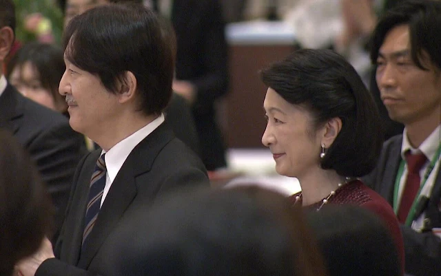 Crown Princess Kiko wore a burgundy dress, and pearl earrings at award ceremony