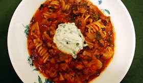 Lasagna Soup with Basil Ricotta Crème