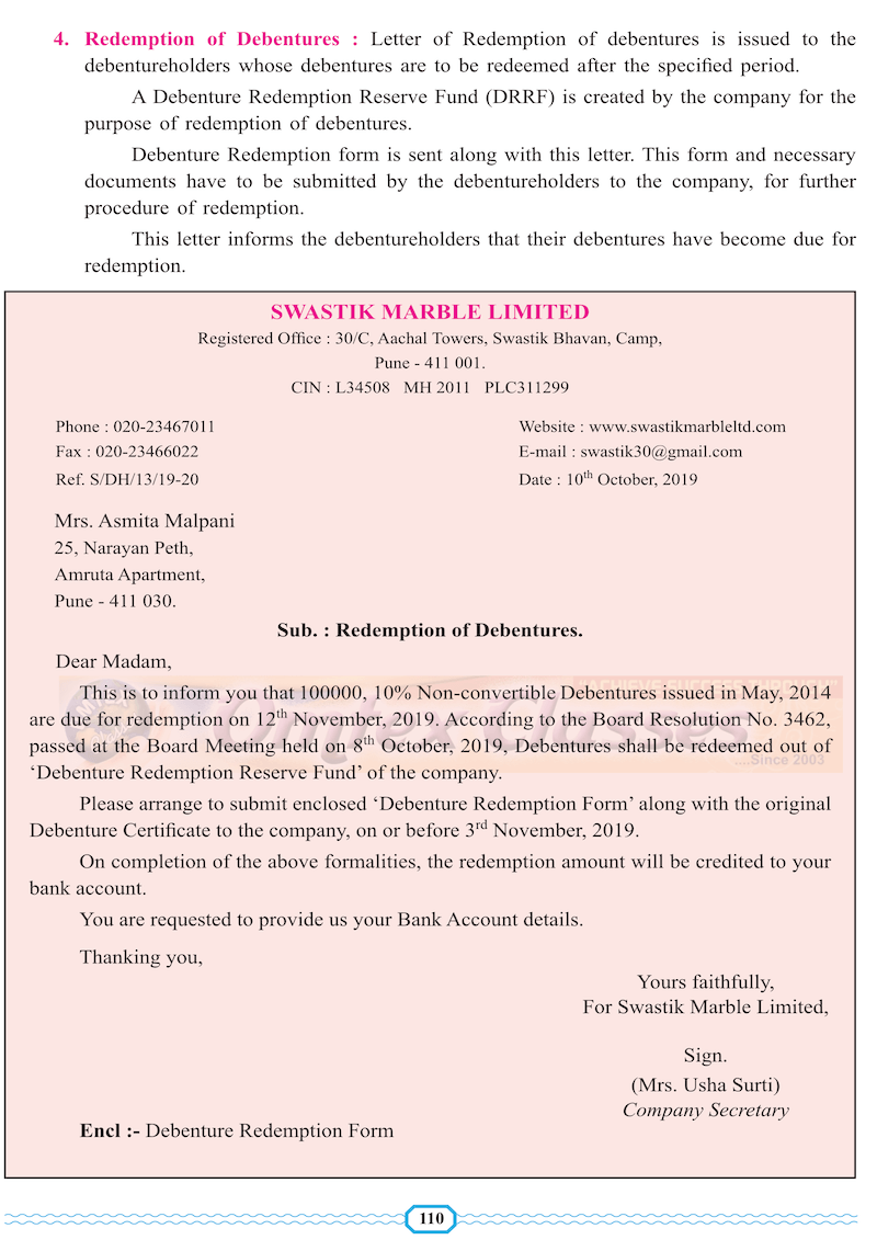 Draft a letter to debenture holder informing him about redemption of debentures.