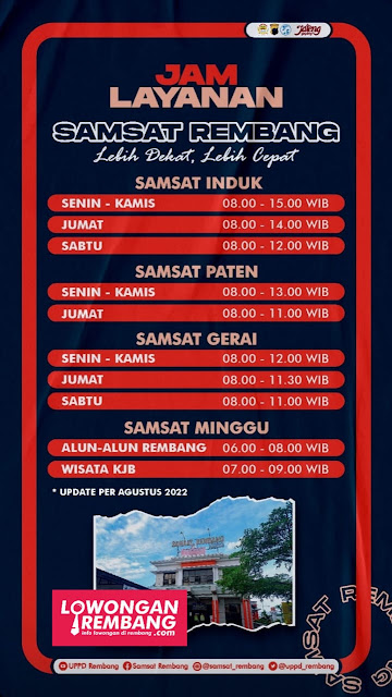 Jam Layanan Samsat Induk Paten Gerai Minggu Kabupaten Rembang Update Agustus 2022