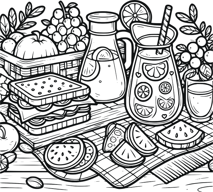 A children's coloring page featuring a picnic scene with foods like sandwiches, fruits, cookies, and drinks