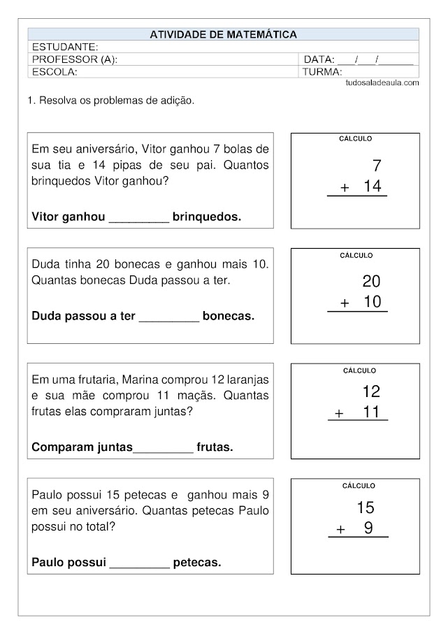 Atividade de adição 1 ano