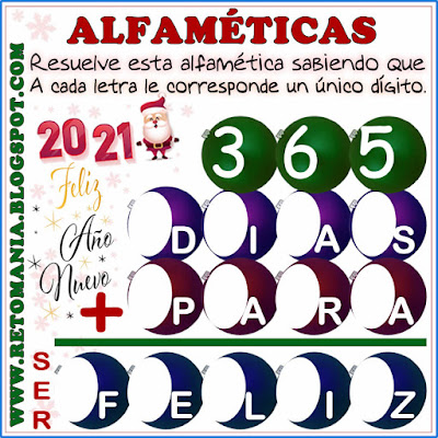 Alfamética, Criptoaritmética, Criptosuma, Navidad,  Matemática y Navidad, Matemática y Año Nuevo, Suma de Palabras, Desafíos matemáticos, Retos matemáticos, Problemas matemáticos