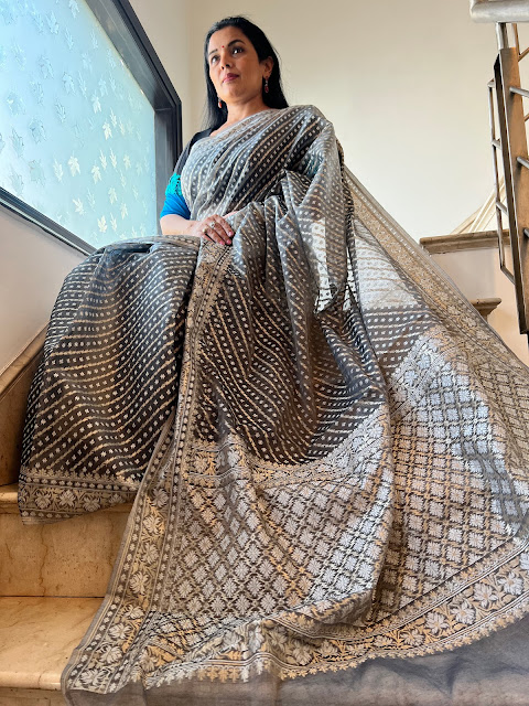 Silver grey banarasi cotton saree.