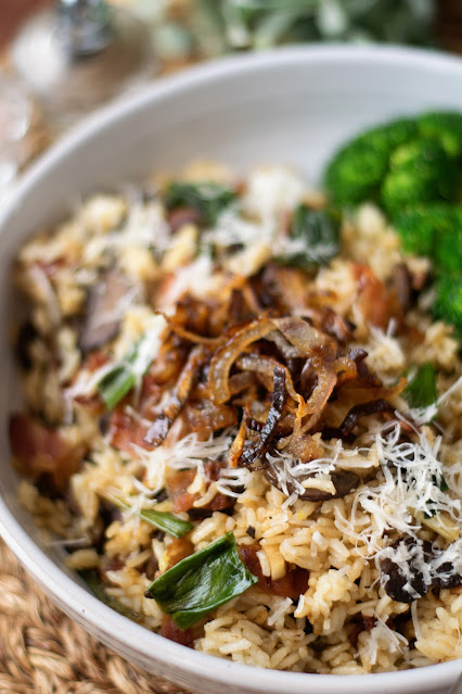 A Ramp Rice Bowl with Caramelized Shallots and steamed Broccoli.