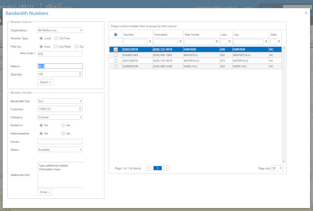 Bandwidth phone search and ordering screen