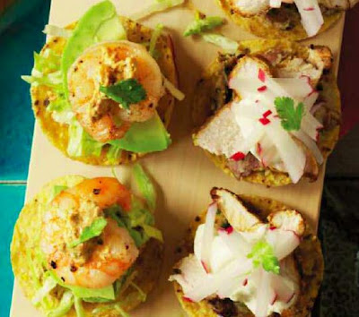 Prawn Tostadas with Almond and Guajillo Chilli Salsa