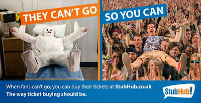 StubHub Advert : "They can't go so you can" hospitalised man and a man at a concert 