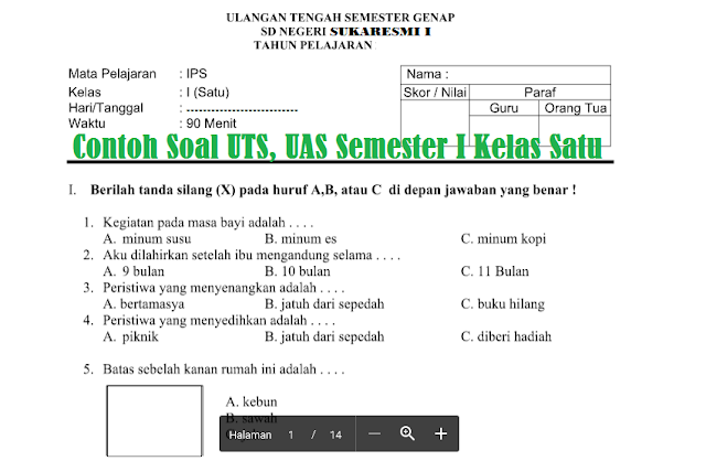 Contoh Soal UTS, UAS Semester I Kelas Satu