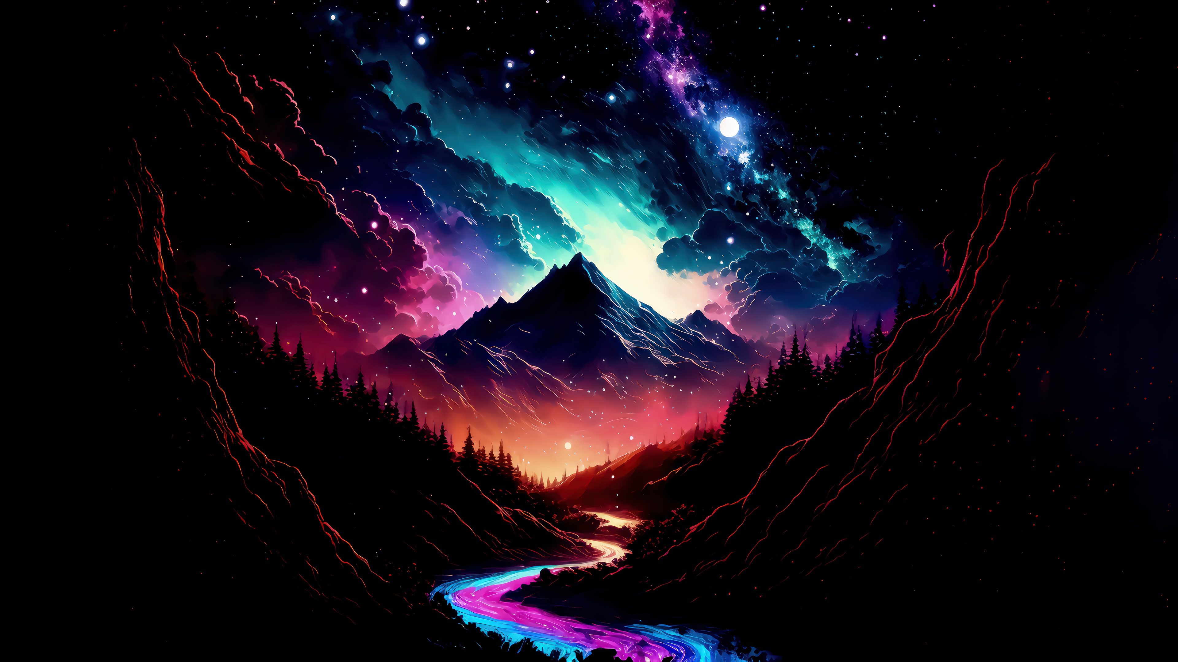 Night Sky Colorful Beautiful Clouds Mountain Valley Art 4K Desktop PC