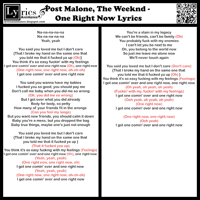 Post Malone, The Weeknd - One Right Now Lyrics | lyricsassistance.blogspot.com