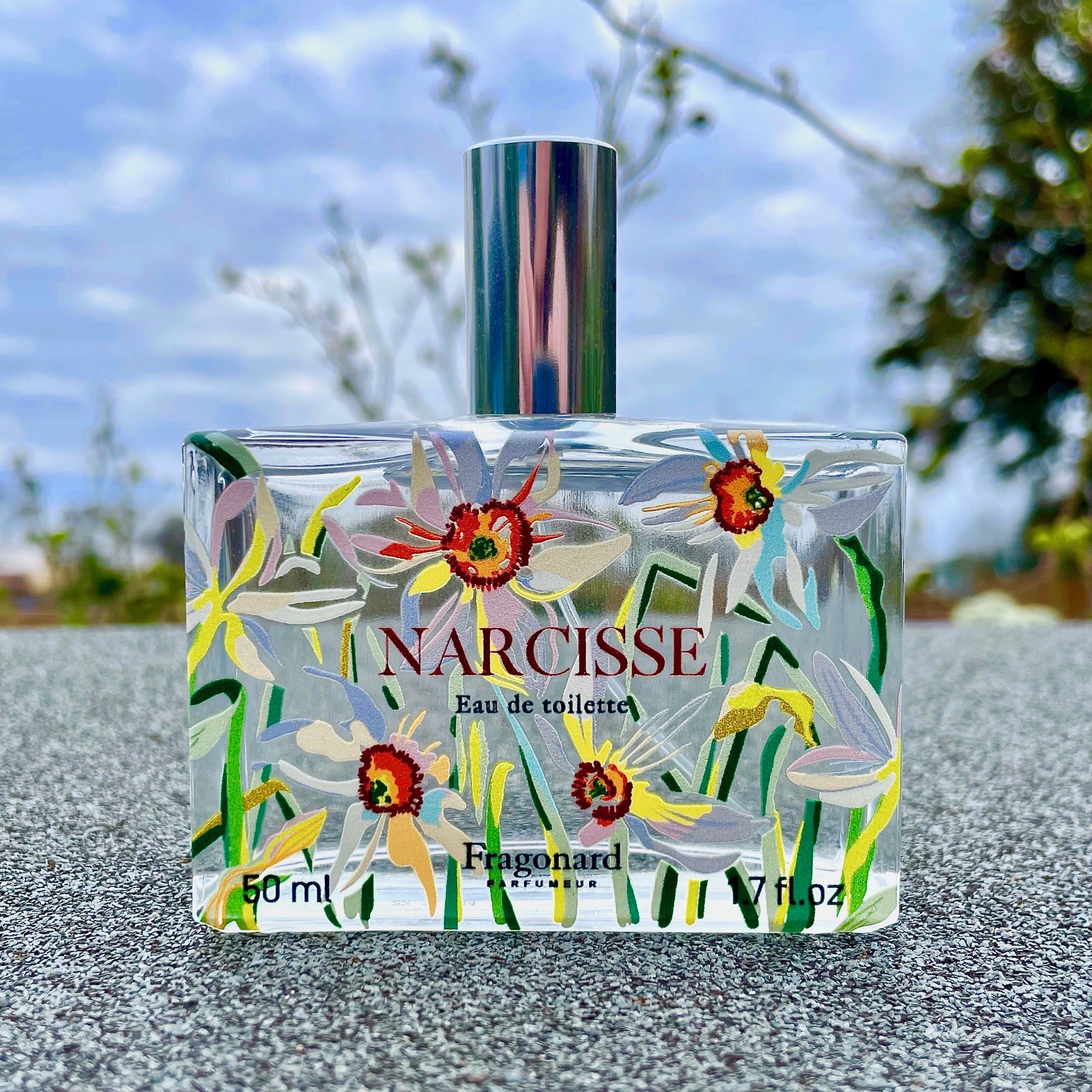 A bottle of Narcisse perfume from Fragonard, their 2023 Flower of the Year created by Karin Dubreuil