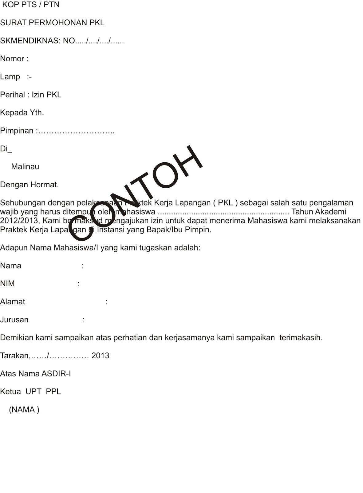 Contoh Surat Permohonan PKL  ABATA KALTARA