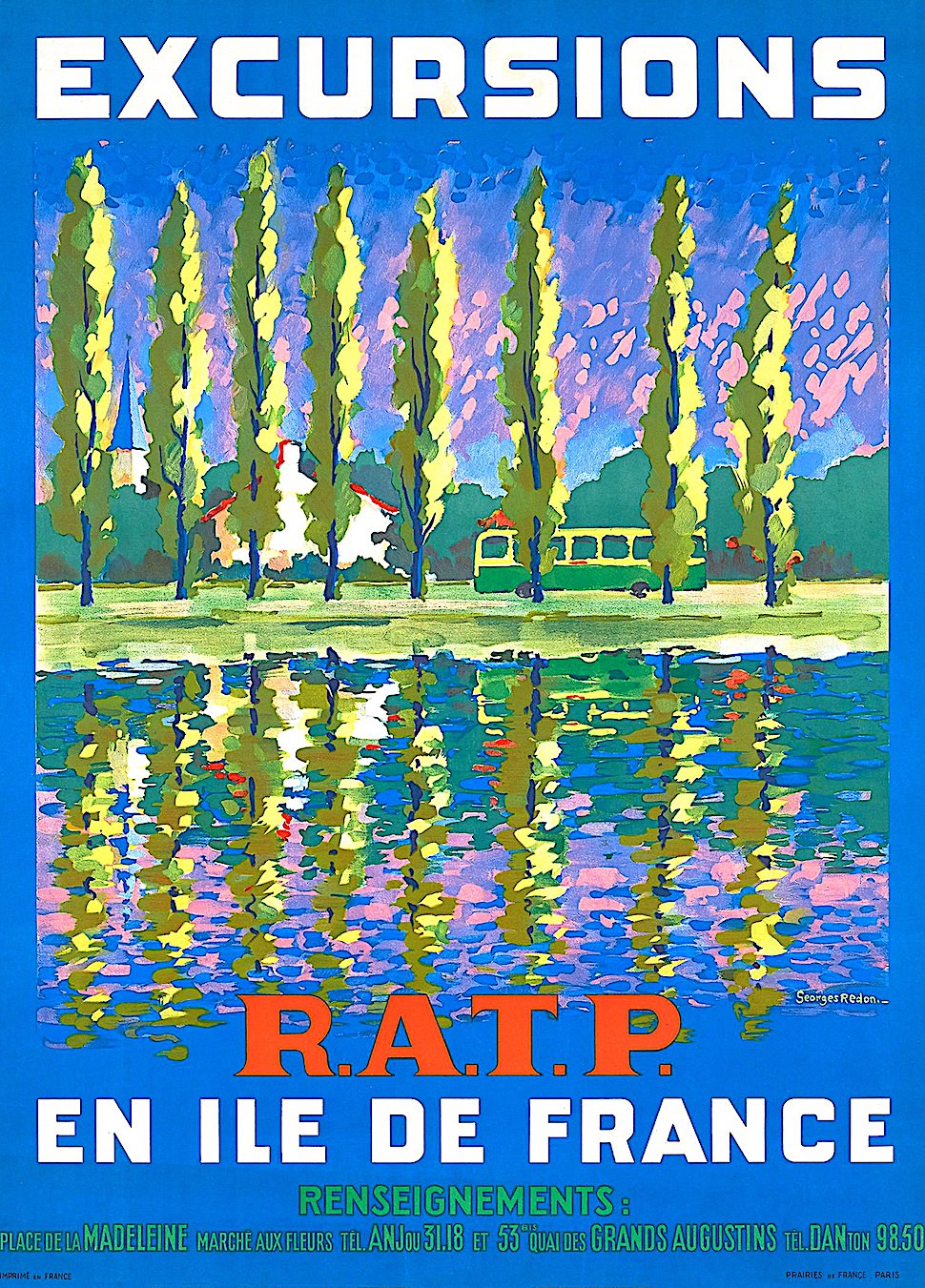 a Georges Redon 1958 travel poster for French bus excursions, R.A.T.P en ile de France, colorful trees