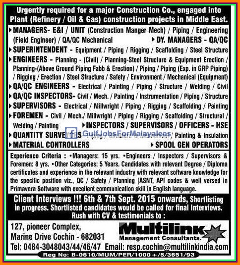 Oil & Gas Construction jobs for Middle East large job vacancies