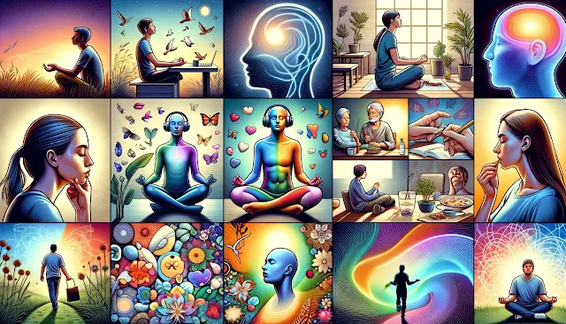 A wide collage featuring ten scenes of mindfulness practices. Includes a person deep breathing with a serene expression, observing an object intently, expressing gratitude with a smile, practicing mindful listening with headphones, a body scan with a glowing outline, mindfully eating, walking attentively, repeating a positive affirmation, a colorful visual representation of breathing, and savoring a pleasant moment in sunlight.