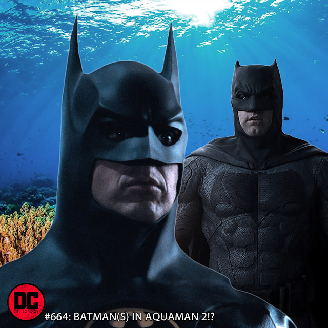 Michael Keaton and Ben Affleck, both as Batman in an underwater setting
