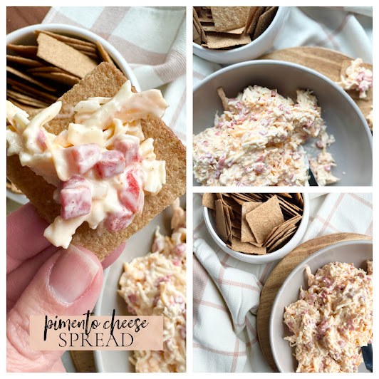 Collage of pimento cheese photos, hand holding some on a cracker, pimento cheese in a gray bowl.