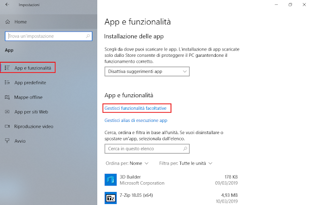 Windows 10, App e funzionalità