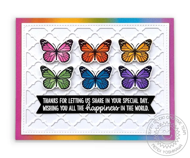 Sunny Studio Rainbow Butterfly Butterflies Card (using Watering Can & Inside Greetings Congrats Stamps, Frilly Frames Quatrefoil & Slimline Pennant Dies, Spring Fling Paper)