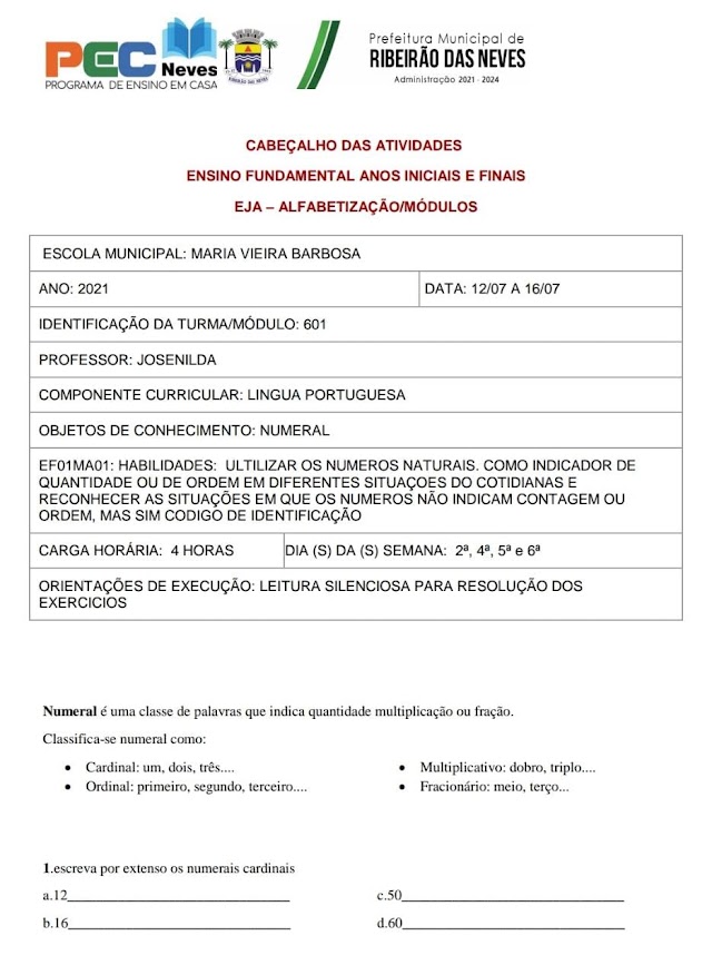 Atividade de Língua Portuguesa 6 ano - 26/07 à 30/07 - Professora Josenilda