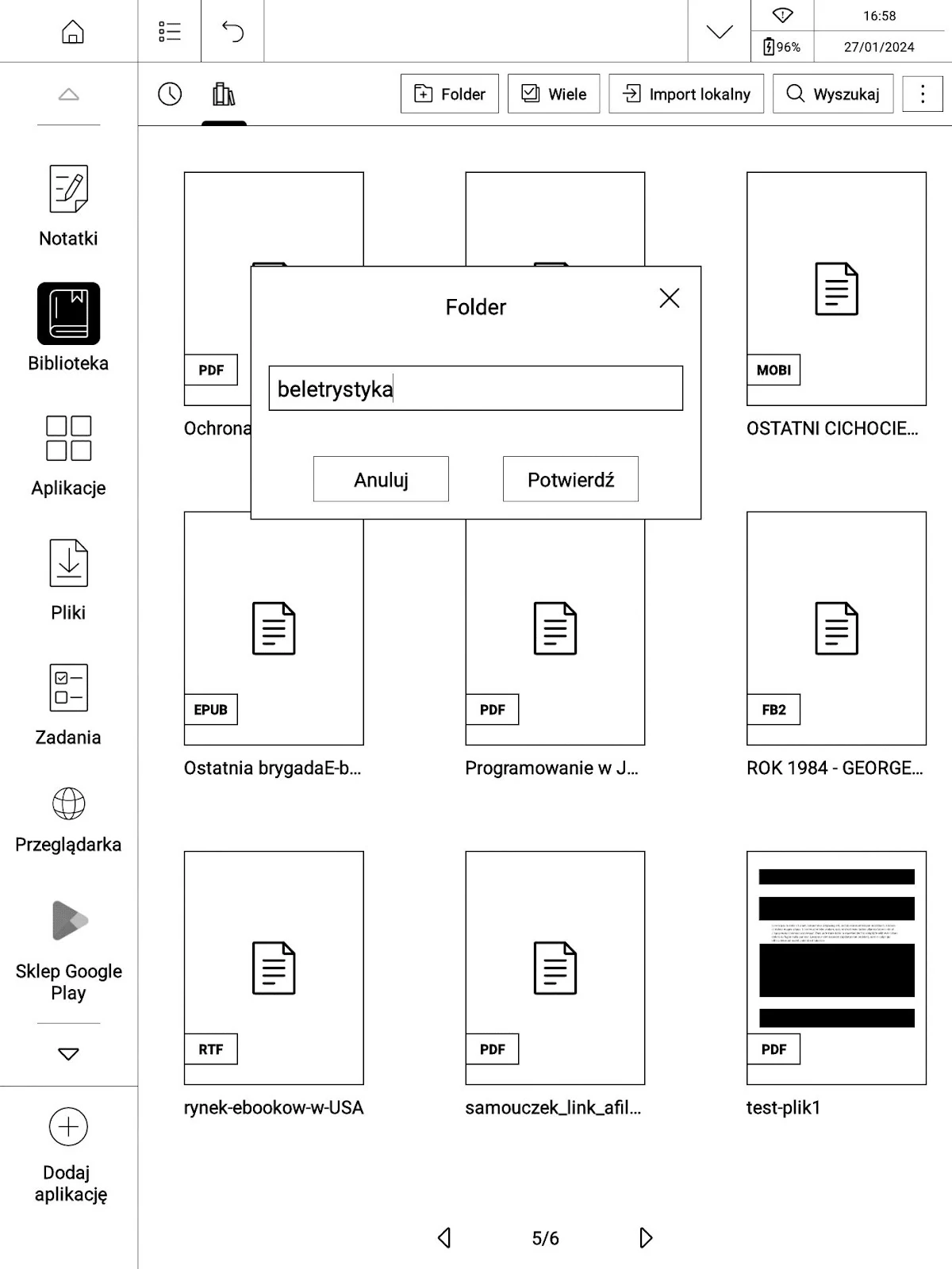 Tworzenie nowego folderu (kolekcji) w bibliotece na PocketBook InkPad X Pro