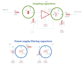 Coupling capacitors guitar pedal